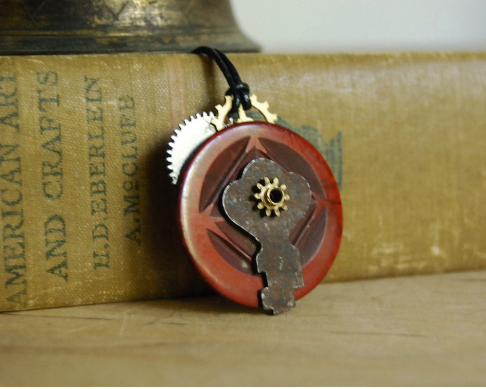 Vintage Button Necklace with Rusty Key Steampunk Jewelry Pendant Necklace