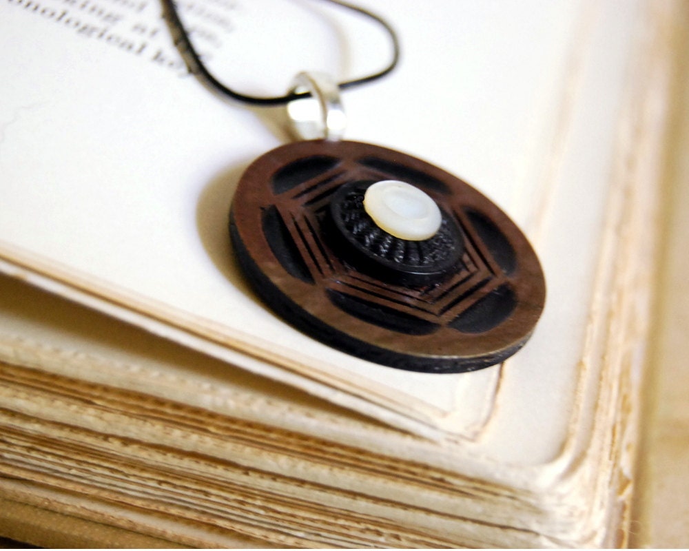 Geometric Vintage Button Necklace Celluloid Button Pendant Necklace Brown Jewelry