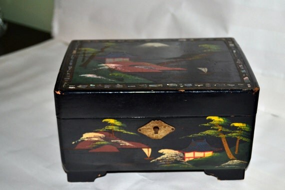 Jewelry Box Japan Black Lacquer Inlaid Vintage by misseileen