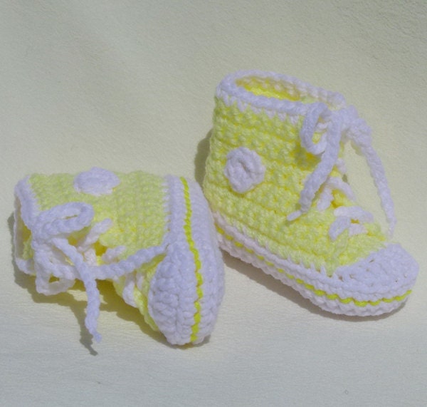 Soft Yellow and White High Top Sneaker Baby Booties 6 to 9 months