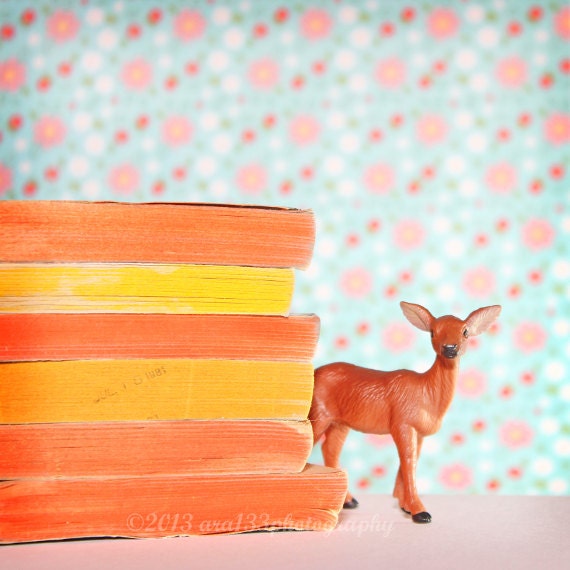 Deer Photography, Cute Childrens Room Decor, Bright Aqua Blue, Peach Wall Art, Nursery Decor  - 8x8 inch Print - The Littlest Deer