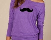 Mustache Heathered Slouchy Pullover long sleeve Girls Ladies shirt sweatshirt silkscreen screenprint Alternative Apparel