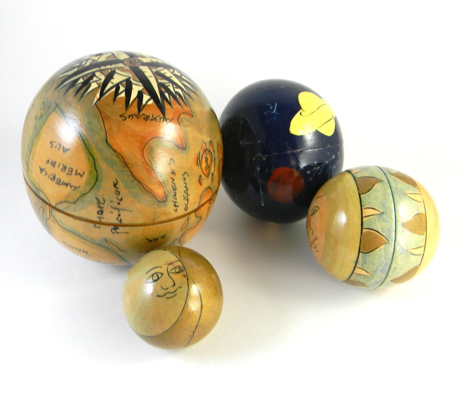Vintage 4 Piece Wooden Nesting Globe Collectible Hand Painted, world, solar system, sun and moon - FeliceSereno