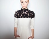 Italian double knit cocktail dress with Floral lace yoke and double pockets