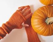 Hand Knit Woolen Arm Warmers in Pumpkin Orange - Warm Wool Gauntlets in Cheery Autumn Color - awkward