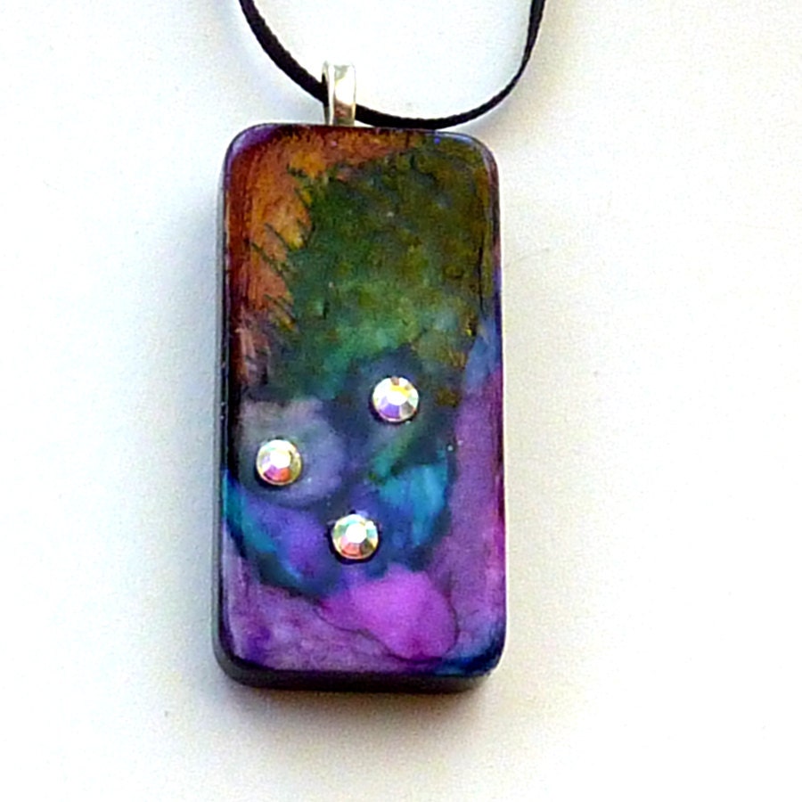 Rainbow Cosmos Upcycled Domino Pendant Hand dyed Swarovski crystals