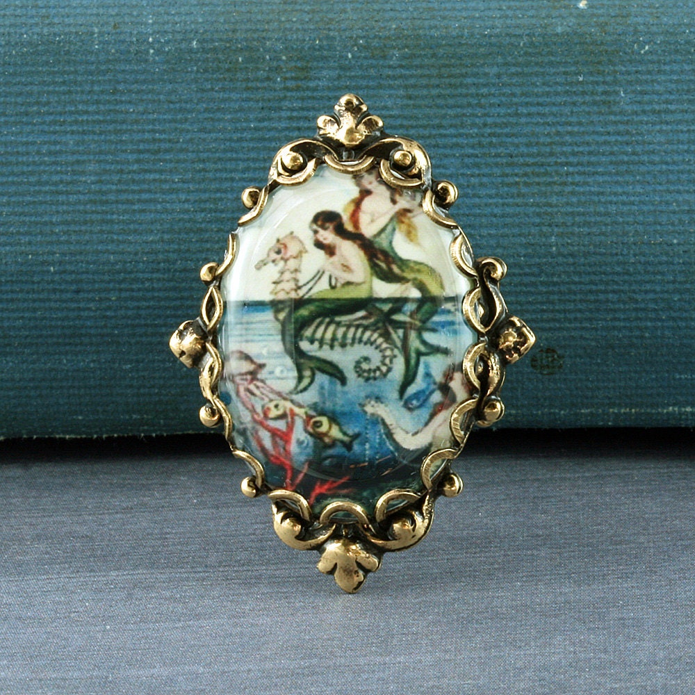 Blue Mermaid Necklace Seahorse Necklace Mermaid Pendant Beach Necklace Oyster Brass Filigree Vintage Mermaid Seashell Altered Art