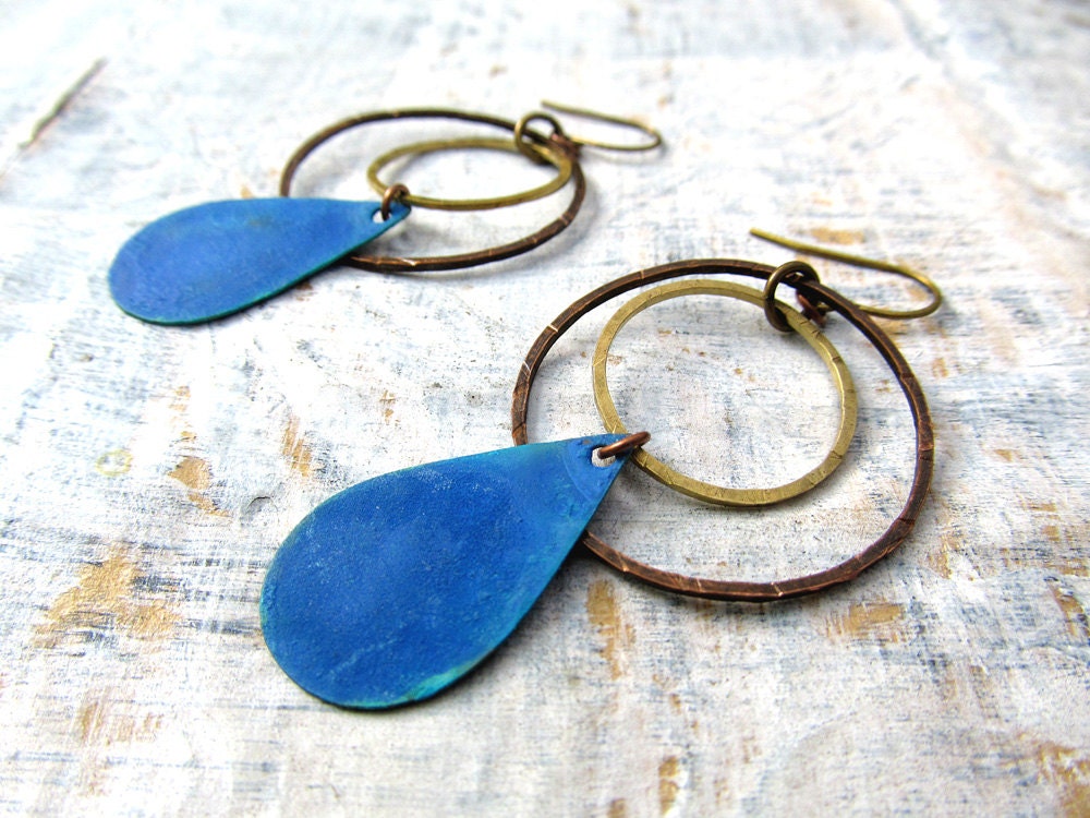 Olympian Blue earrings Mixed metal patina Bohemian earrings Modern jewelry - Gypsymoondesigns