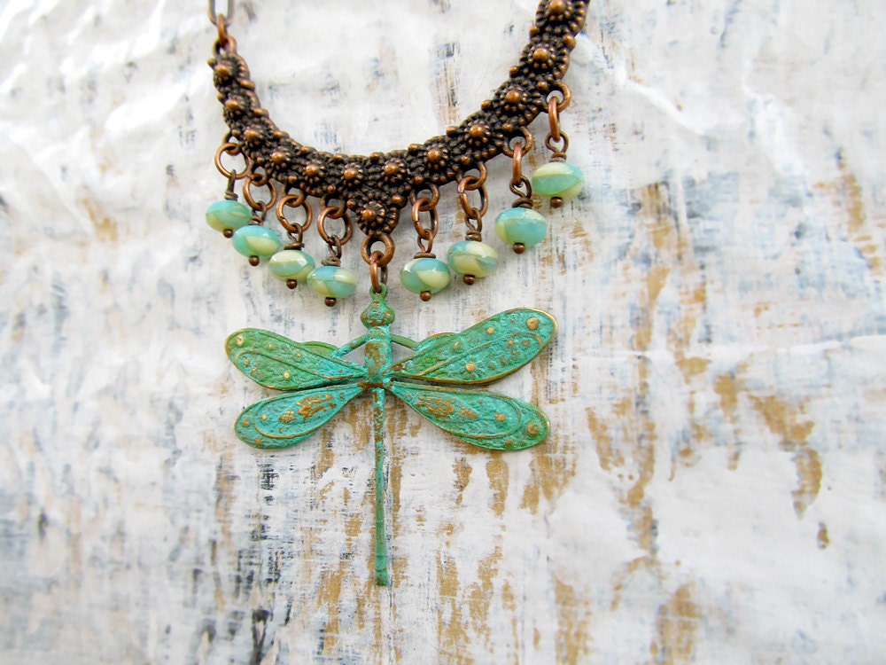 Dragonfly Necklace bohemian patina copper jewelry