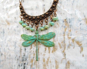 Dragonfly Necklace bohemian patina copper jewelry