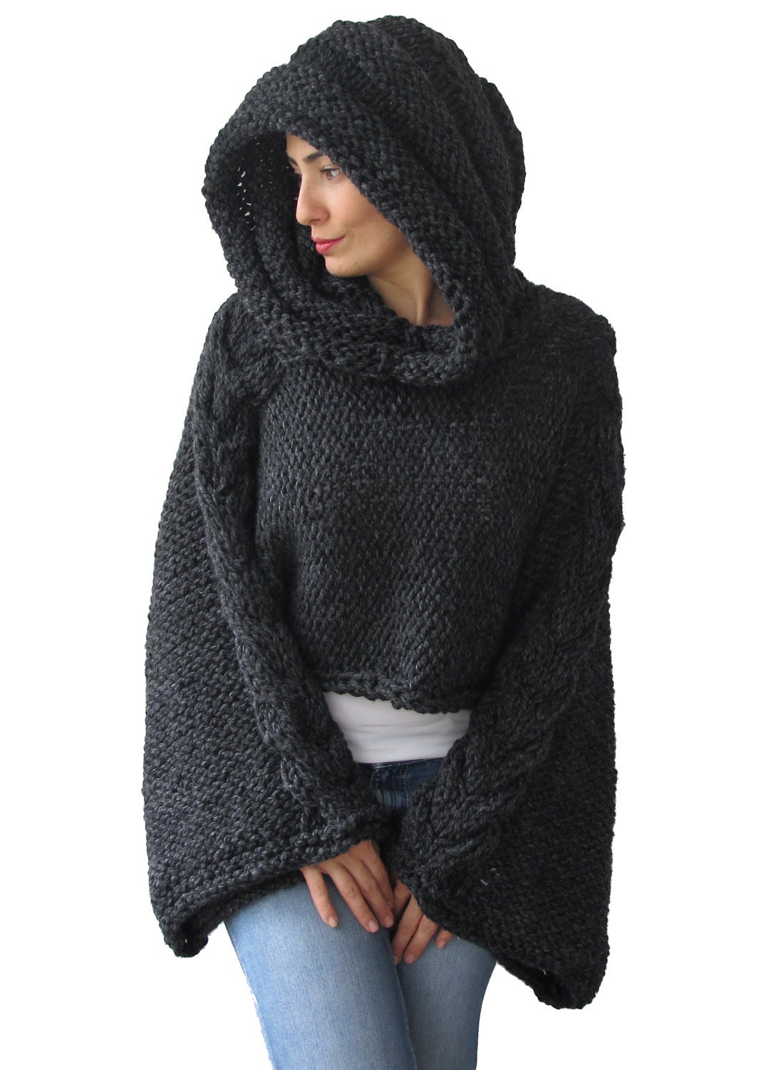 Plus Size - Over Size Dark Gray Cable Knit Hoodie Capalet by Afra