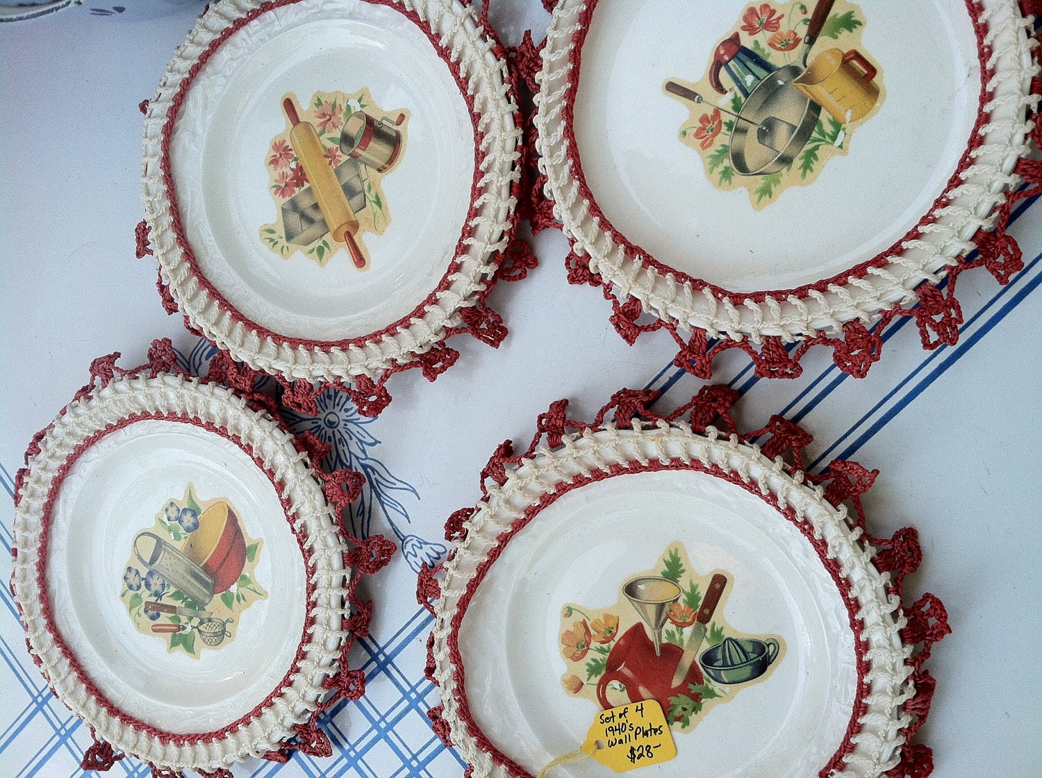 Vintage Wall Plates with Crocheted Edges and Kitchen Decals Set of Four