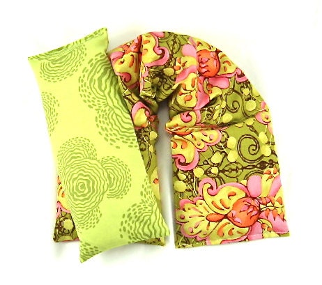 SCENTED HERBAL WRAP: Neck Wrap Eye Pillow Set  Hot/Cold Therapy Organic Flaxseed Rice Lavender Spring Colors Gift For Her