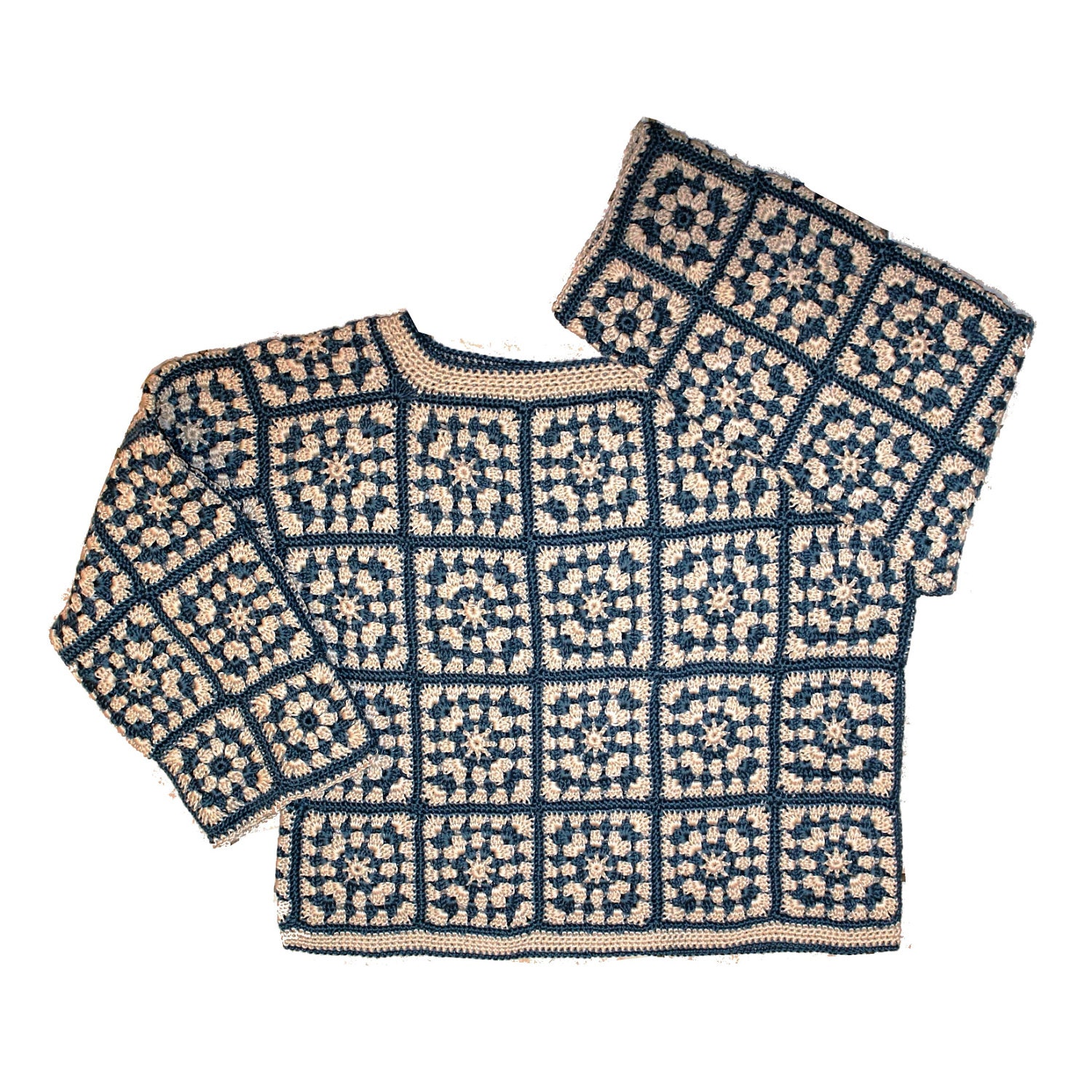 Crochet Sweater - Custom Color w/ Ecru -  Custom Sizes - Cotton Granny Square Design by Annie Briggs 'Jen'