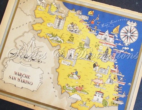 Italy - Antique Map - Italia - 1938 Marche San Marino - Original Chromolithograph and Gilt Art Deco Picture Map by Illustrator Nicouline
