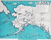 Alaska Map - Vintage Map of Alaska - A Fun and Funky Little Picture Map of Alaska to Frame