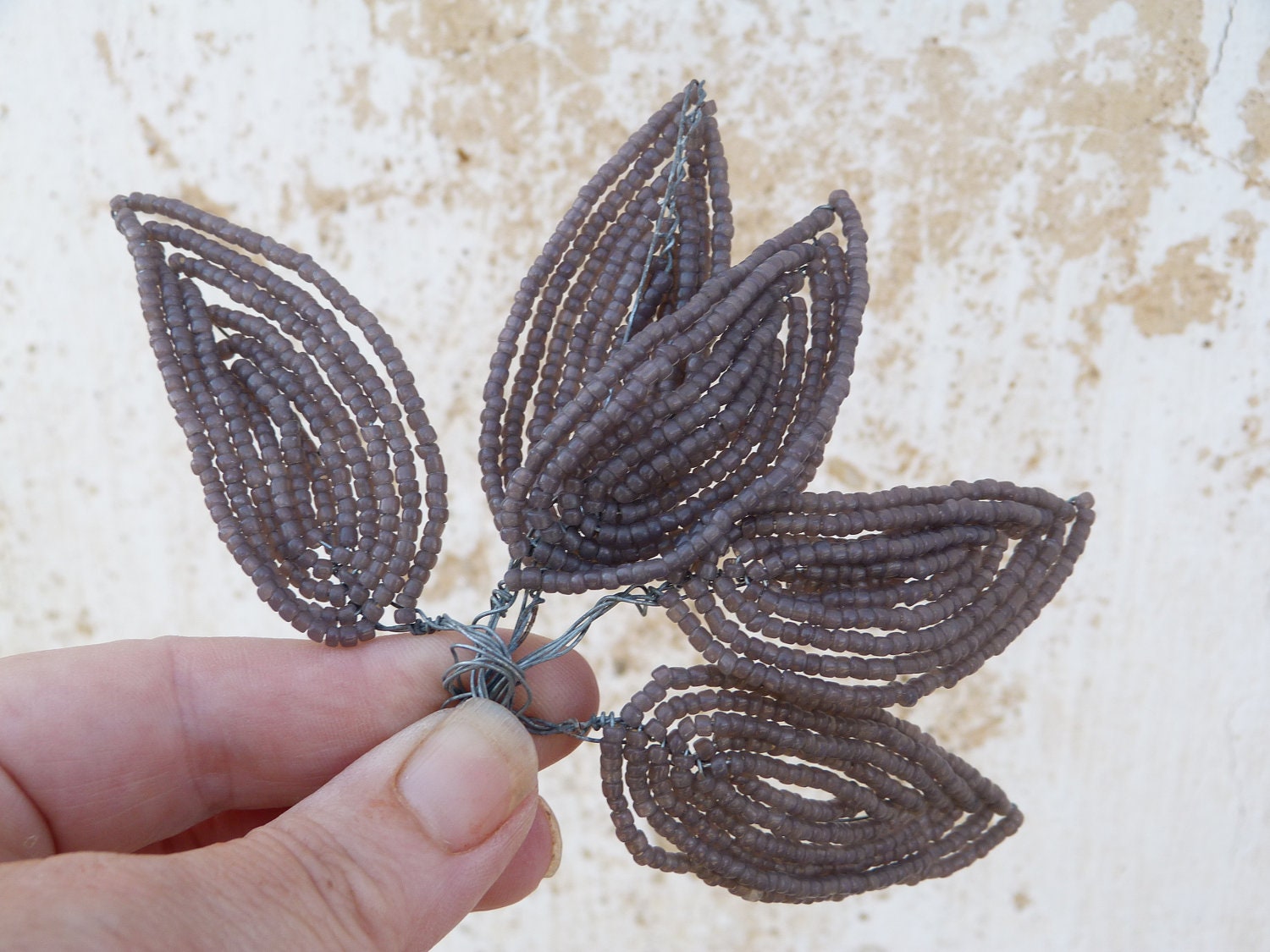 Vintage beaded french beadwork sheer purple leaves set of 5