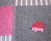 Hedgehog Wool Quilt Patchwork Baby Blanket - Made to Order - Heirloom quilt. Your color choices. Needle felted Hedgehog & Mushrooms