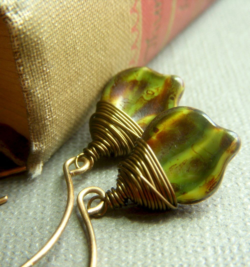 Green Leaf Earrings on Brass . Wirewrapped Czech Glass Leaves Dangle . Forest Floor - beadstylin