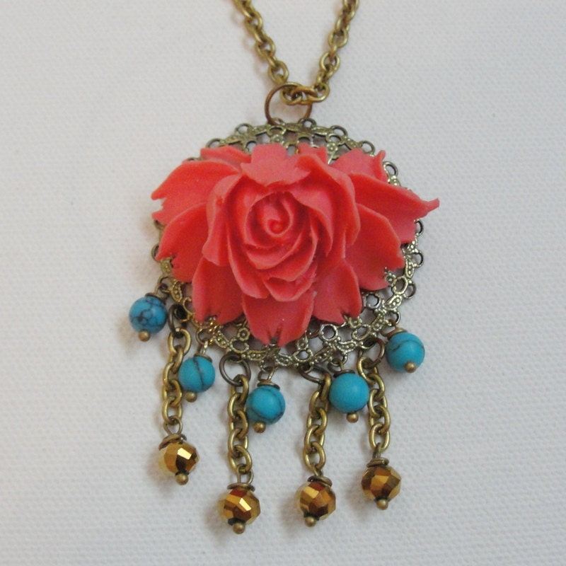 Coral Pink Flower Pendant with Turquoise and Faceted Gold Dangles Fringe
