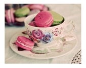 SALE Food Photography, Macarons and Tea, 5x7 Print, Shabby Chic, Still Life, French Cookies, Pink, Mint Green, Teacup Photo