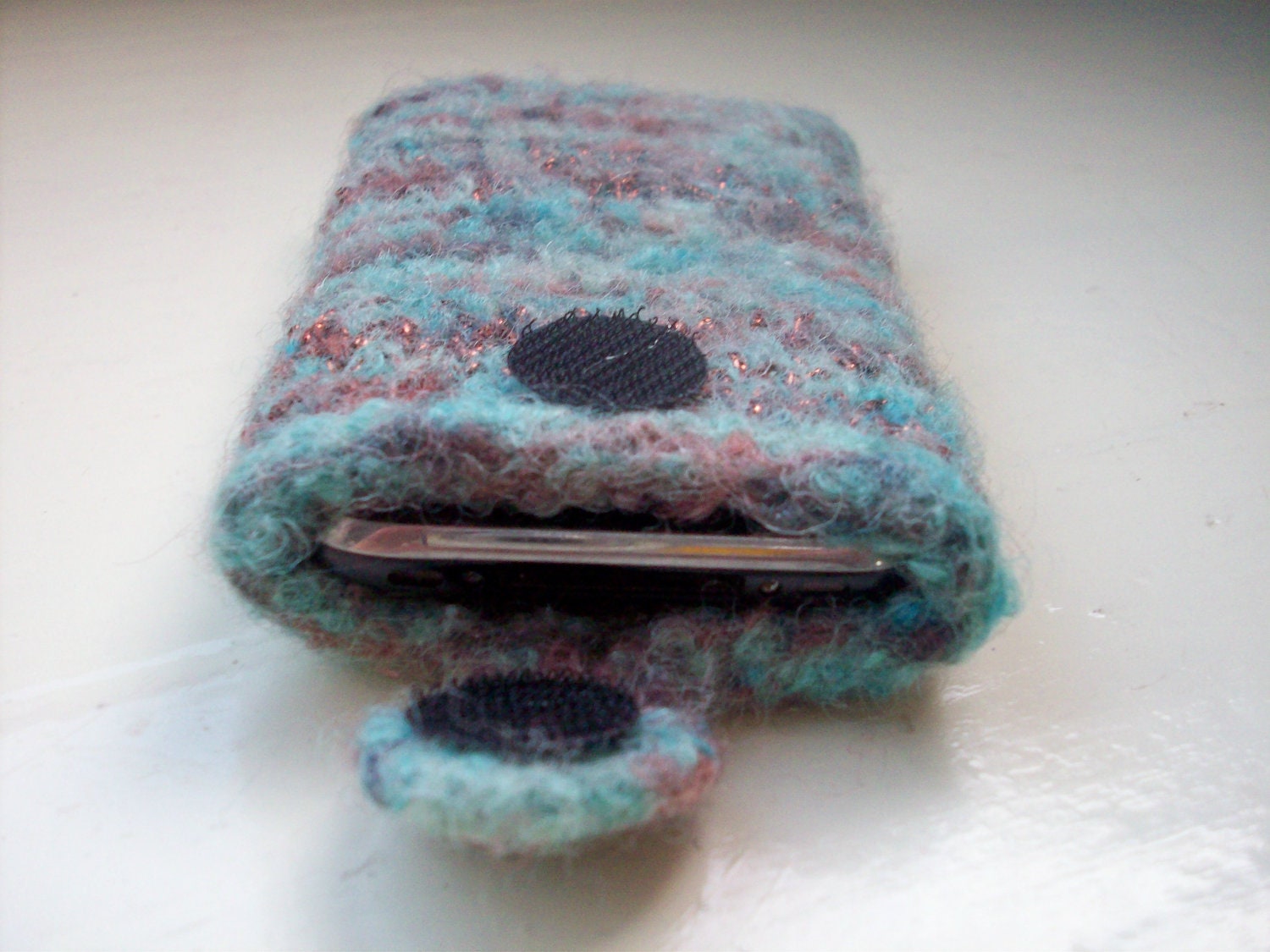 Fun felted wool cell phone cozy unisex turquoise teal brown