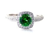 14K Tsavorite Garnet Ring Engagement Ring Diamond Halo Setting 14K 18K White Yellow Rose Gold Platinum Palladium Bridal Jewelry