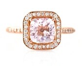 14K Cushion Morganite Ring Rose Gold Diamond Halo Morganite Engagement Ring Custom Bridal Jewelry