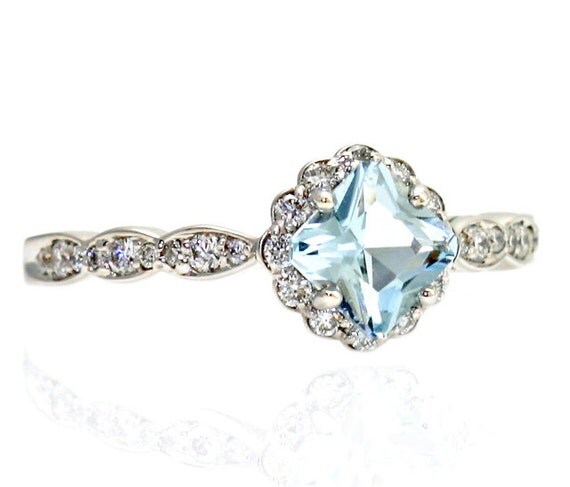 14K Asscher Aquamarine Diamond Engagement Ring Aquamarine Ring Custom Bridal Jewelry