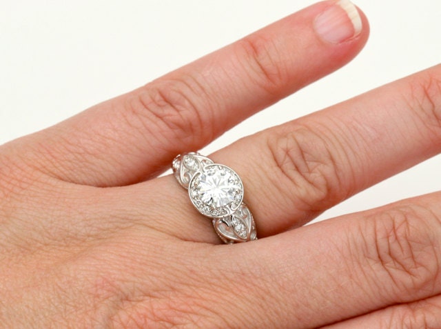 14K Vintage Moissanite Engagement Ring Diamond Halo Moissanite Ring Custom Art Nouveau Bridal Jewelry