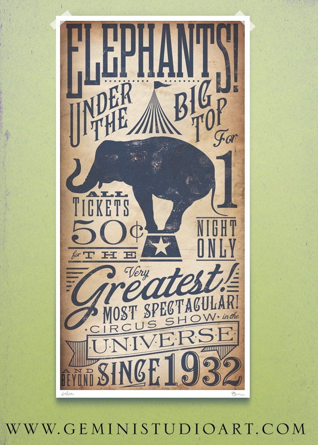 Circus Elephant vintage style childrens graphic artwork giclee archival signed artists print 10 x 20 by stephen fowler
