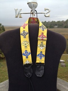 Upcycled Adjustable Guitar Strap made from Vintage Power Ranger Fabric and Black Leather