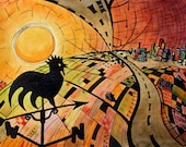 A 5x7 Print of a Van Gogh inspired composition of a Weather Vane of a Rooster with Oranges and Yellows