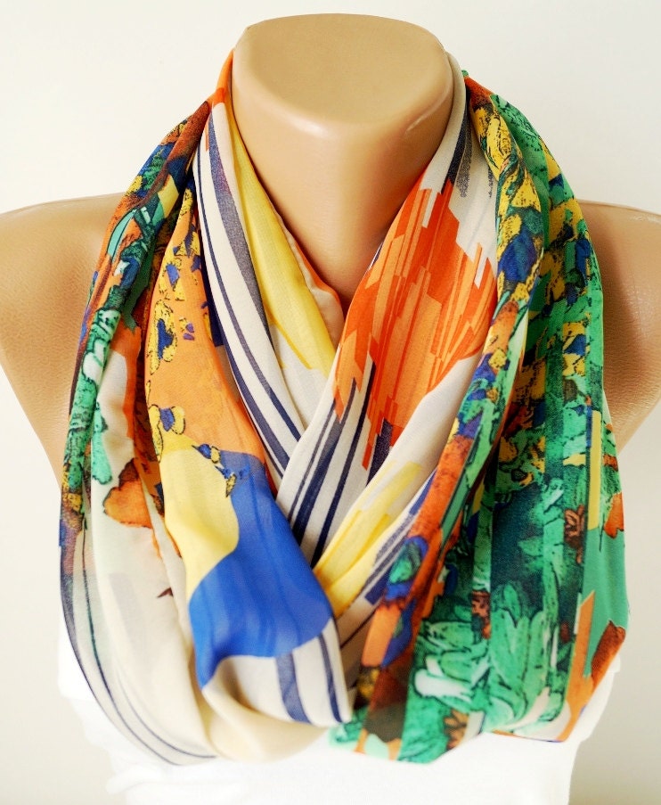 Multicolor Scarf-Infinity Scarf, Loop Scarf, Chiffon Scarf, Stripe Scarf