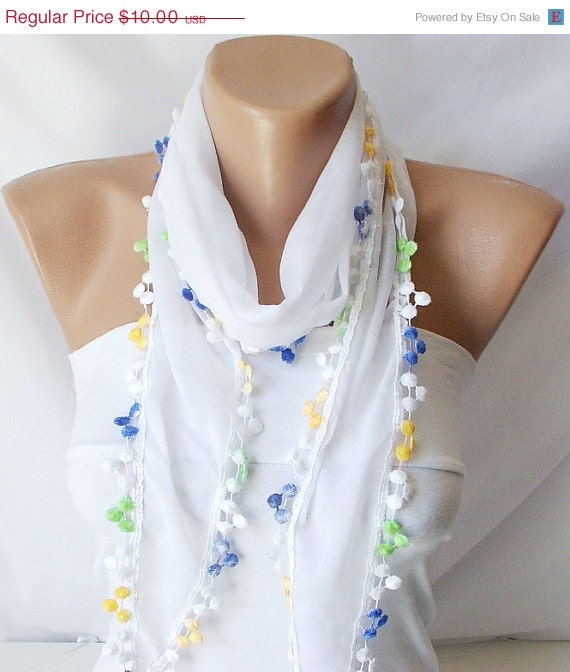 SALE - Lace Scarf - Cotton Scarf - bandana headband - Pompom Scarf
