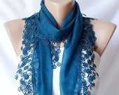 SALE - Lace Scarf  - Teal Green - Cotton Scarf with Lace