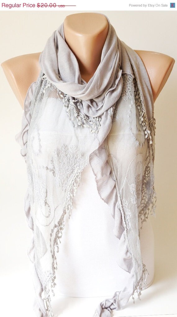 SALE - Light Grey  Scarf  from jersey with ruffle tulle