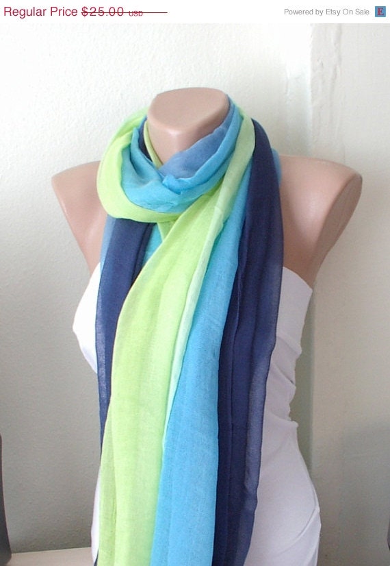 SALE - Hand Dyed blue, green dark blue tones  Long Scarf, Pareo, Shawl with wrinkle