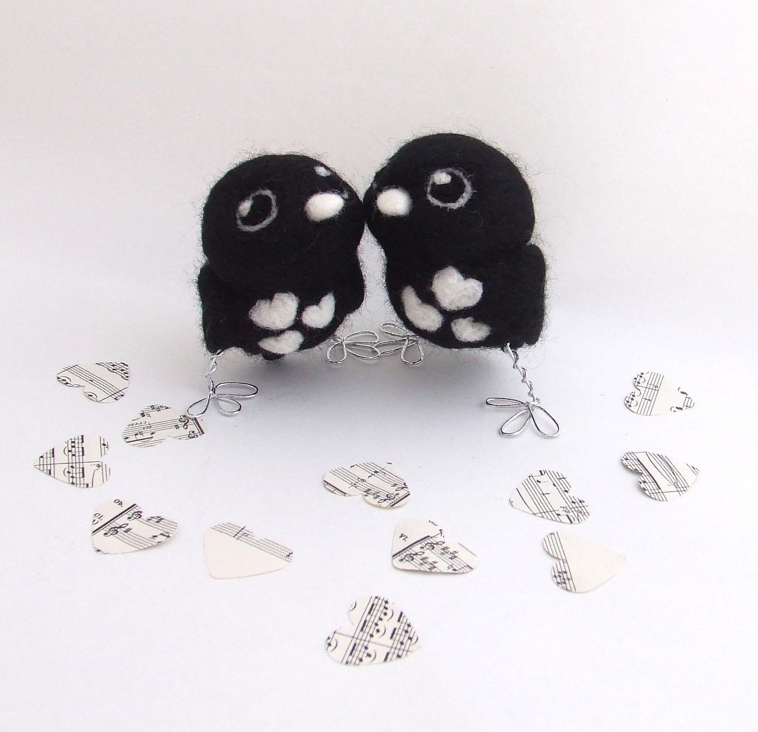 Wedding Cake Topper Felt Birds in Monochrome Black and White Sophisticated Love Birds