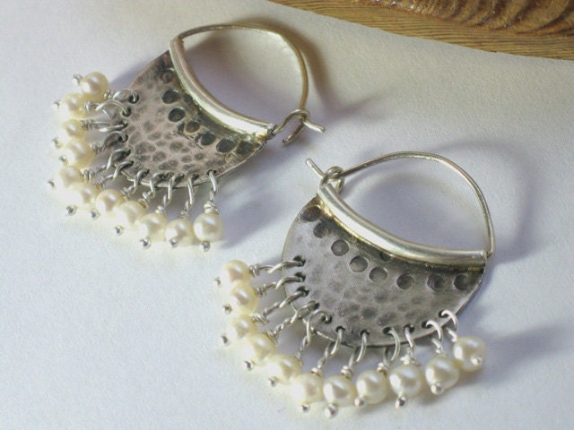 Silver and Pearl Hoops- Sterling Hammered hoops with freshwater pearls -