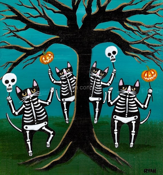 Celebration of Halloween Skeleton Cats Original Folk Art Painting