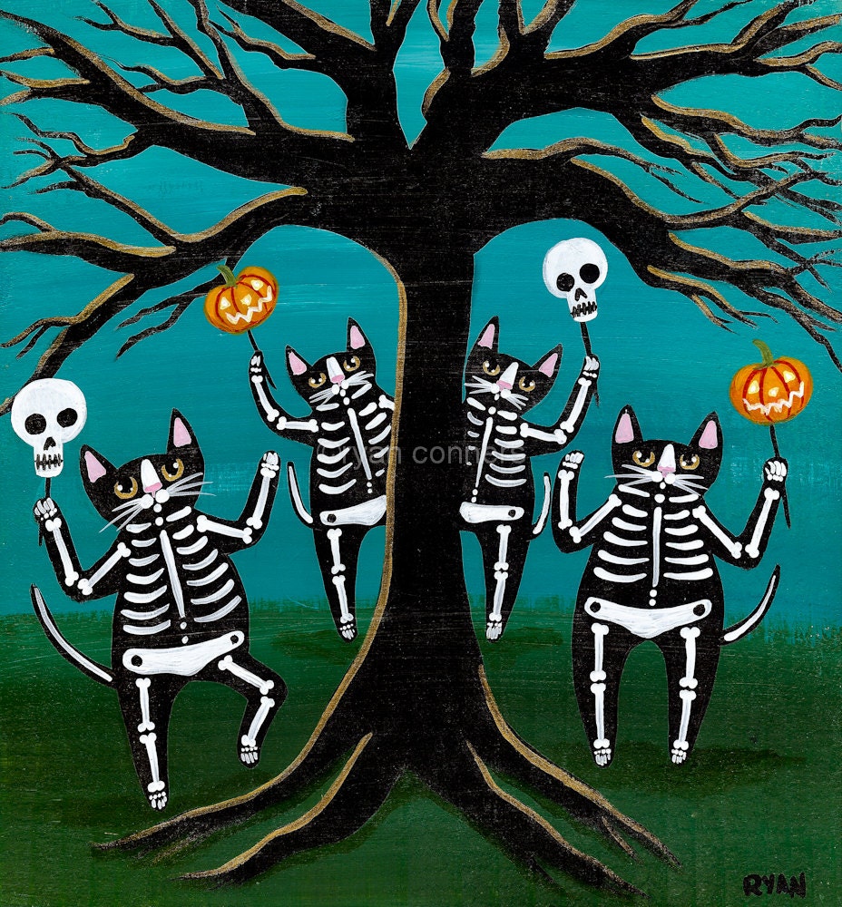 Celebration of Halloween Skeleton Cats Original Folk Art Painting