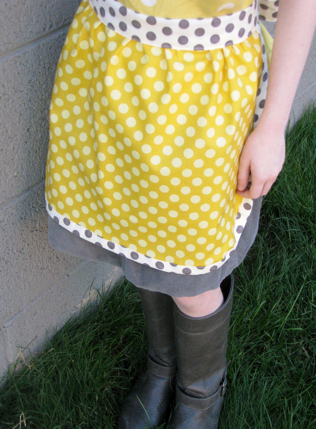 Apron - girls yellow, grey, gray polka dots gift kitchen baking  home spring birthday