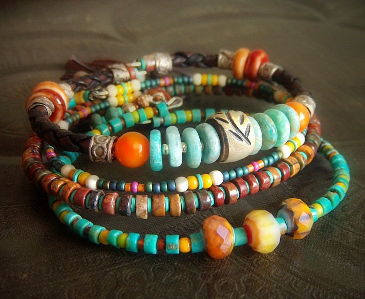 Turquoise, Amazonite, Jasper, Shell, Horn and African Beaded Leather Charm Bangle Set