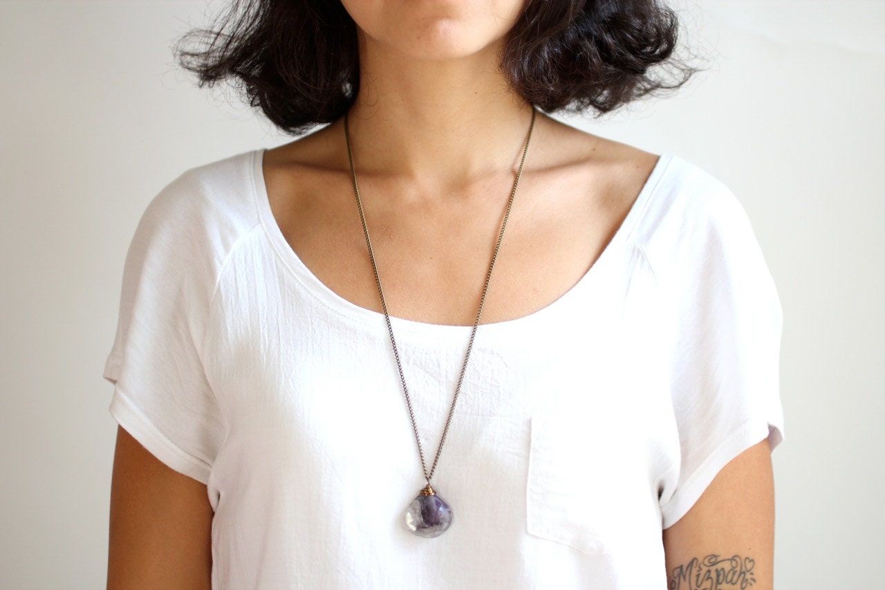 Bohemian Faceted Amethyst Stone Necklace on Antiqued Brass Chain
