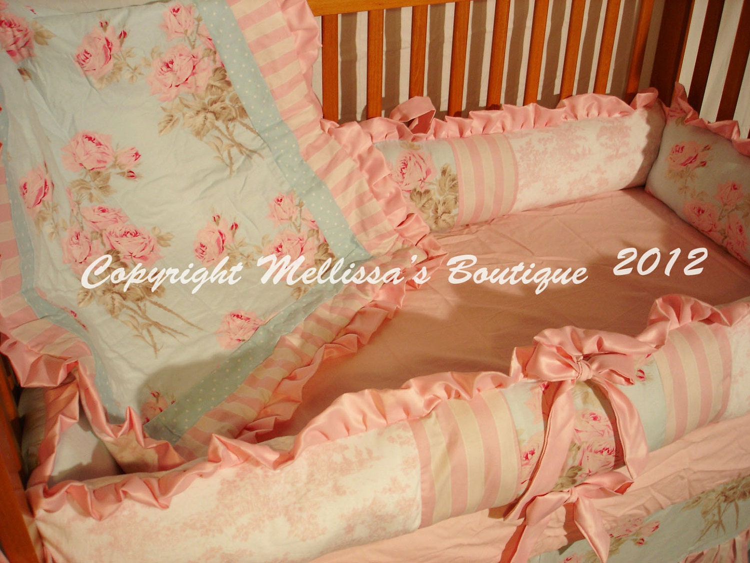 Custom Shabby Chic Pink and Blue Roses/Toile Luxury Ruffled Crib Bedding Set READY TO SHIP Right Now