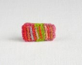 fiber pin   -  striped textile brooch - textile jewelry green red pink
