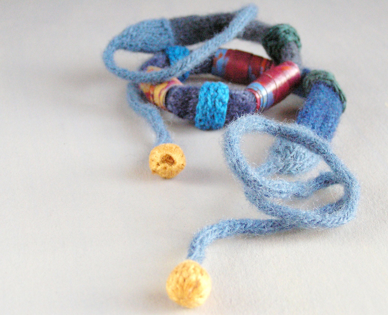 fiber  art  jewelry  -  beaded textile necklace - blue red - crochet  fabric beads