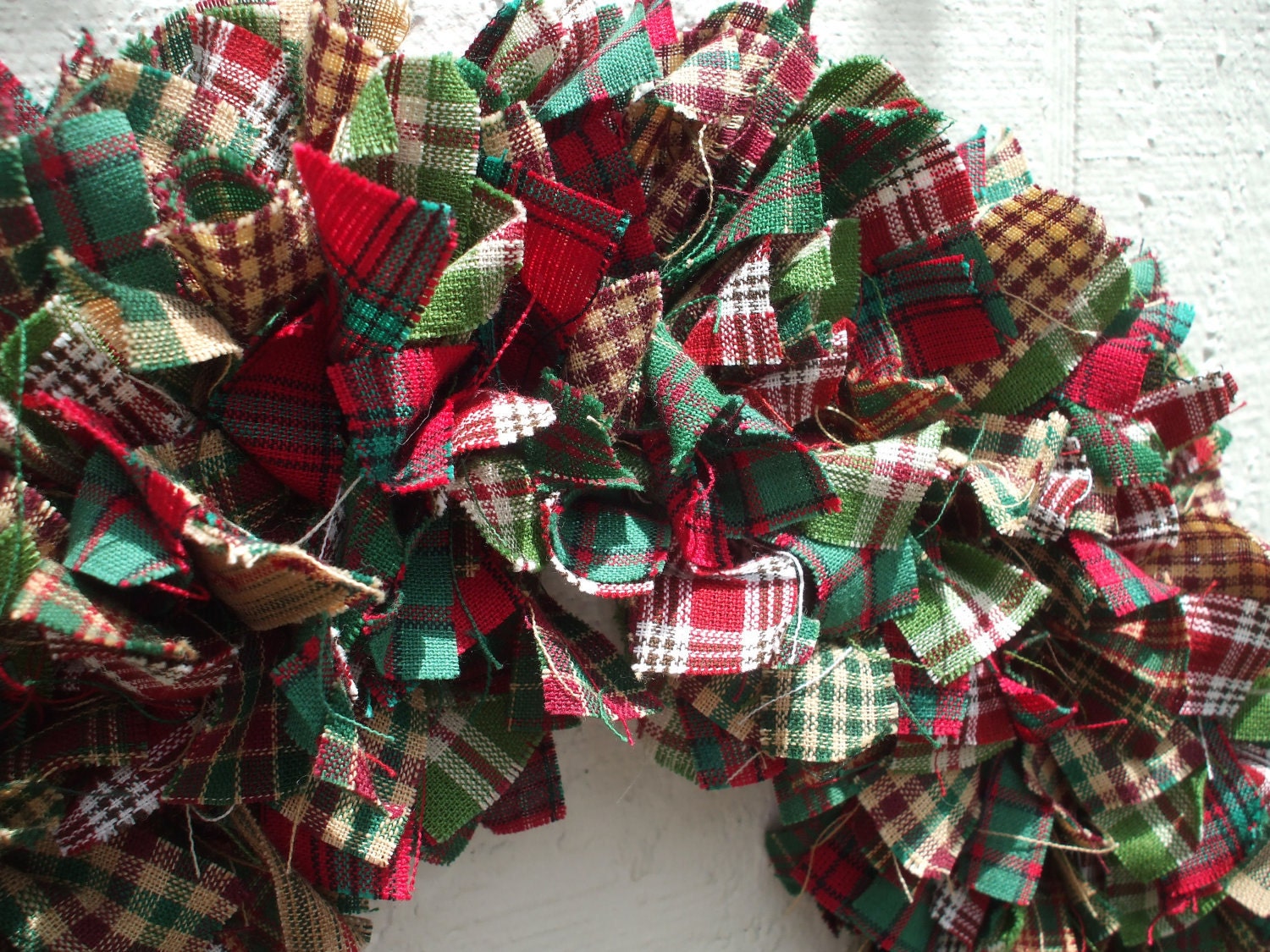 Christmas Lights Rag Wreath Homespun Fabric Red White Bright Green Christmas Wreath