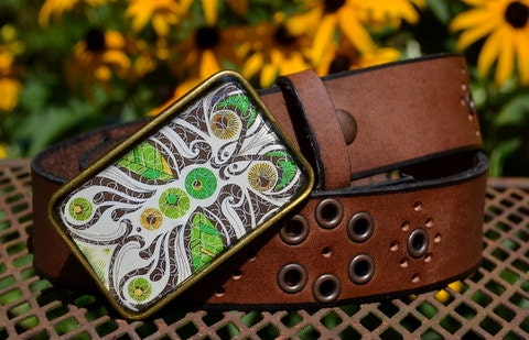 The Vivien Belt.  Green and Brown Earthy Buckle with Brown Leather belt.